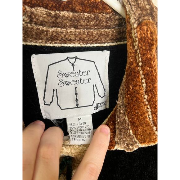 1990s J Two New York Chenille Cabin Forest Woodland Acorn Pinecone Cardigan M - Picture 2 of 10